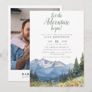 Das Adventure Begin Mountain Baby Shower Foto gela Einladung