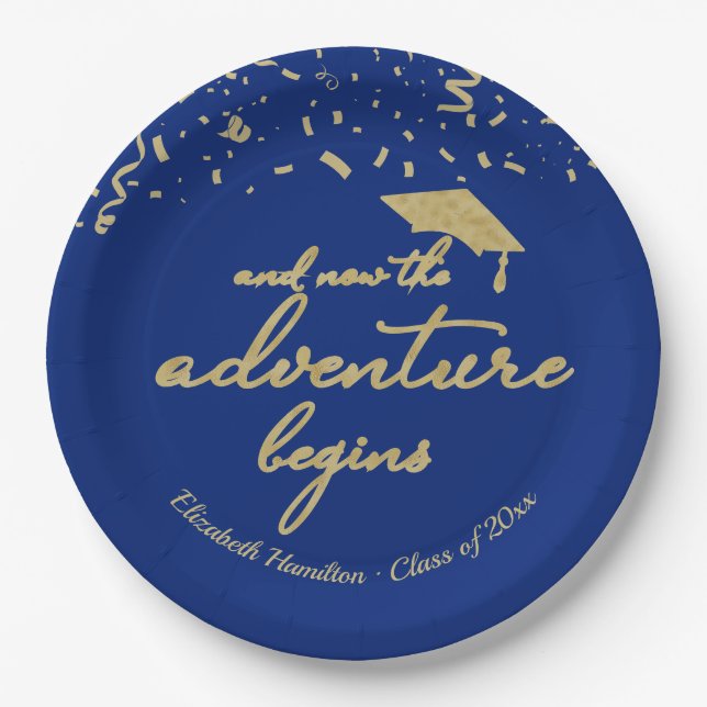 Das Adventure fängt Gold Foil Blue Grad Party an Pappteller (Vorderseite)
