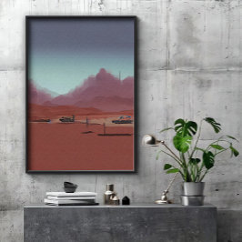 Das Auto steht in der Wüstenlandschaft Poster