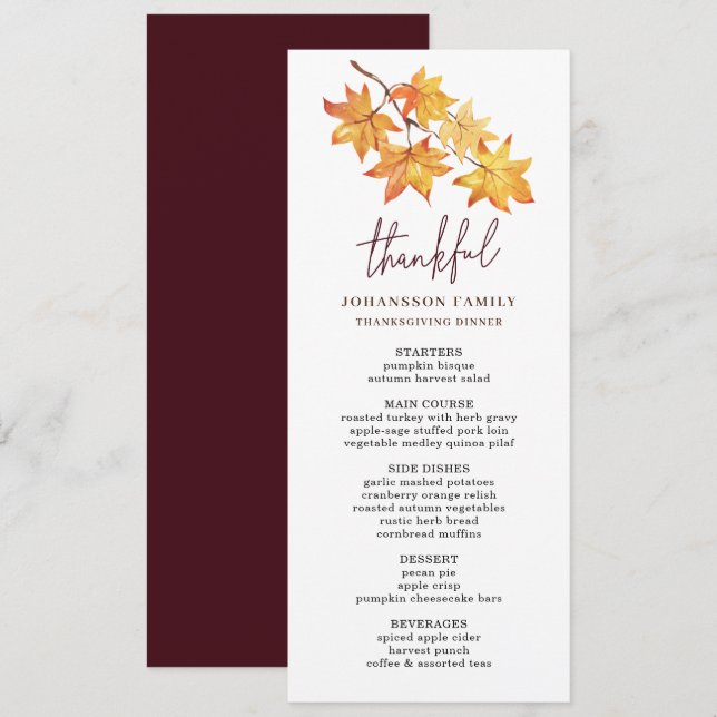 DAS AUTUMN LÄSST DANKFÄLTIGEN ERNTEDANK-ABENDESMEN MENÜKARTE (Vorne/Hinten)