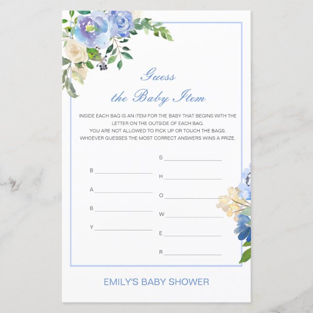 Das Baby Item Shower Game kann bestellt werden (Vorderseite)