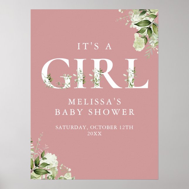 Das Babyduschzeichen einer Girl Greenery Dusty Ros Poster (Vorne)