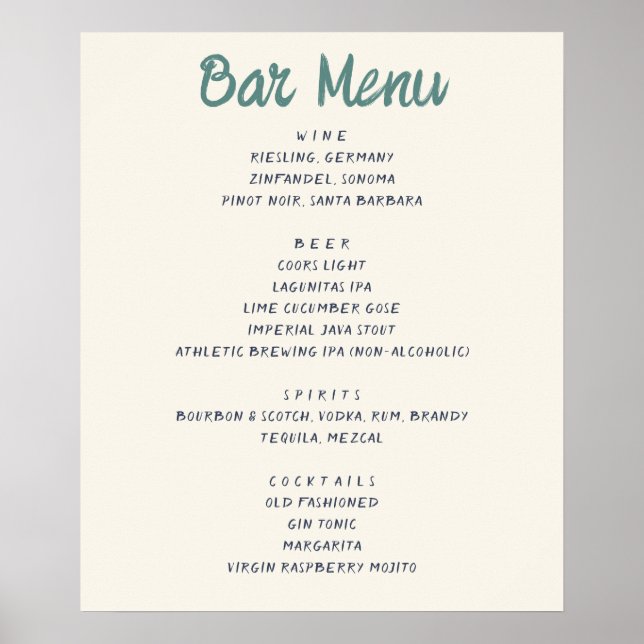 Das Bar Quirky Handwriting Wedding Drinks Menü Poster (Vorne)