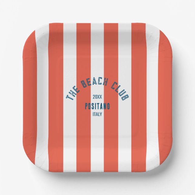 Das Beach Club Wappen Orange Red Cabana Strip Pappteller (Vorderseite)