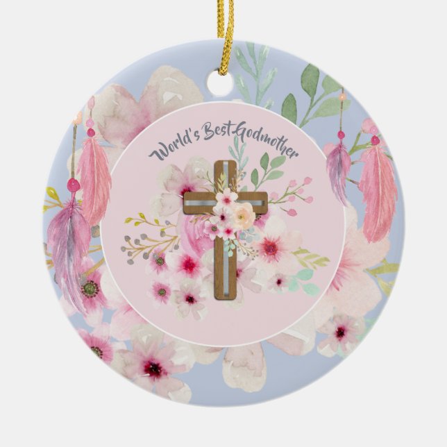 Das beste GODMOTHER-POEM der Welt - Blumenkreuz Keramik Ornament (Vorne)