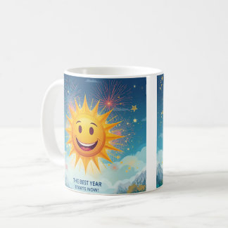 Das beste Jahr beginnt jetzt! Lächelnde Sonne und Kaffeetasse