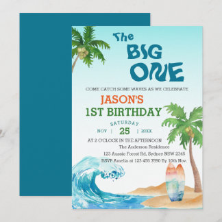 Das Big One Watercolor Beach Surf am 1. Geburtstag Einladung