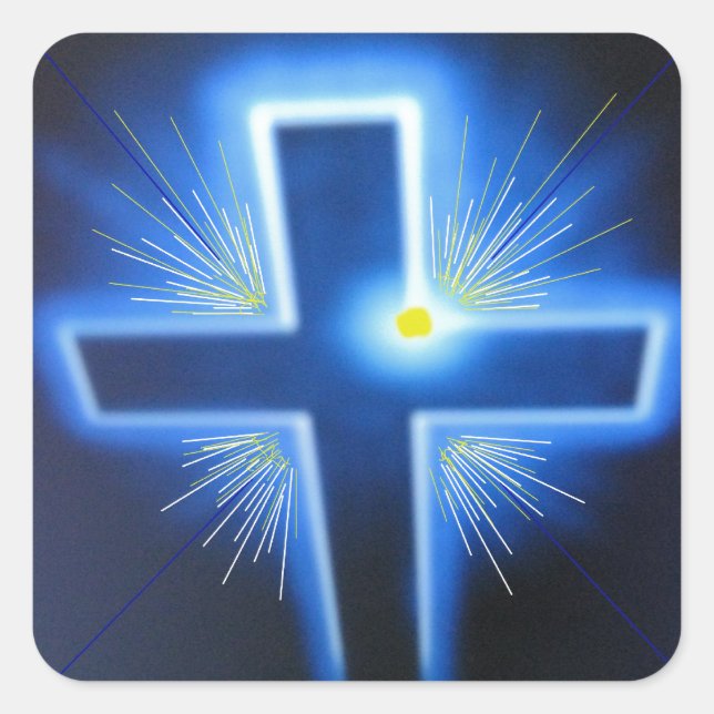Das blaue hinterleuchtete Kreuz. Quadratischer Aufkleber (Vorderseite)