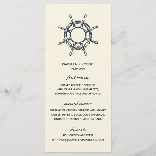 Das blaue Schiffsrad | Nautical Wedding Menu Menükarte (Vorderseite)