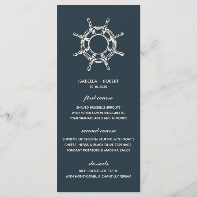 Das blaue Schiffsrad | Nautical Wedding Menu Menükarte (Vorderseite)