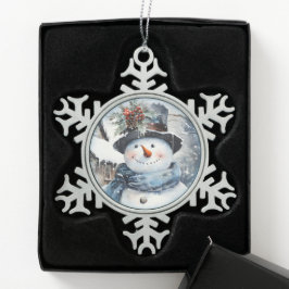 Das blaue und weiße Schneemannskreuz Schneeflocken Zinn-Ornament
