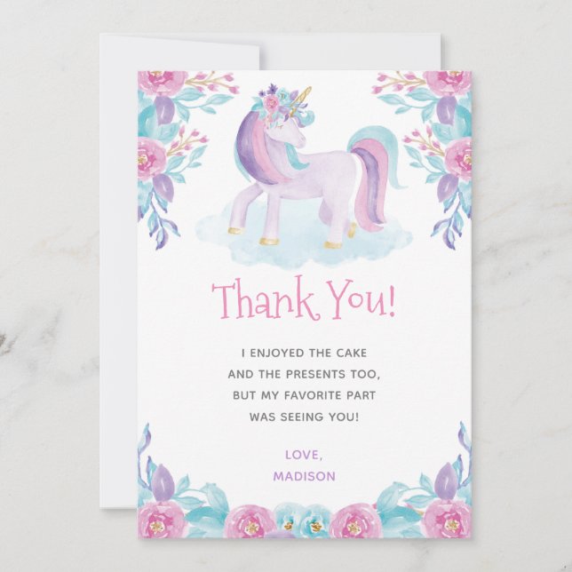 Das Blumen Einhorn danken Ihnen zu kardieren Dankeskarte (Vorderseite)