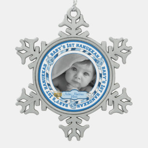 Das Chanukka-Foto-Name Dreidels des Babys 1. Schneeflocken Zinn-Ornament