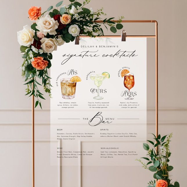 Das Cocktailmenü der Unterschrift "Uurs & Hure Wat Acrylschild (His Ours & Hers Watercolor Signature Cocktail Menu Acrylic Sign)