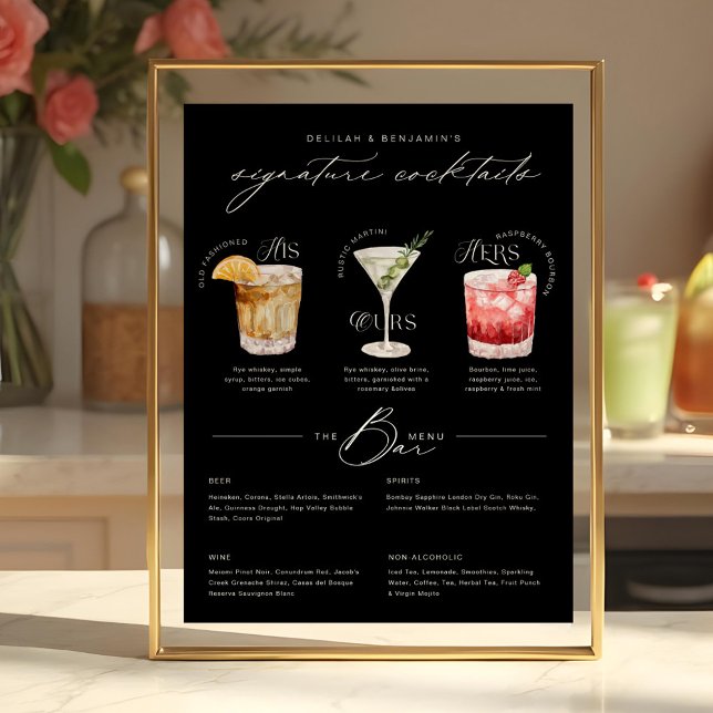 Das Cocktailmenü der Unterschrift "Uurs & Hure Wat Poster (His Ours & Hers Watercolor Signature Cocktail Menu Black Poster)