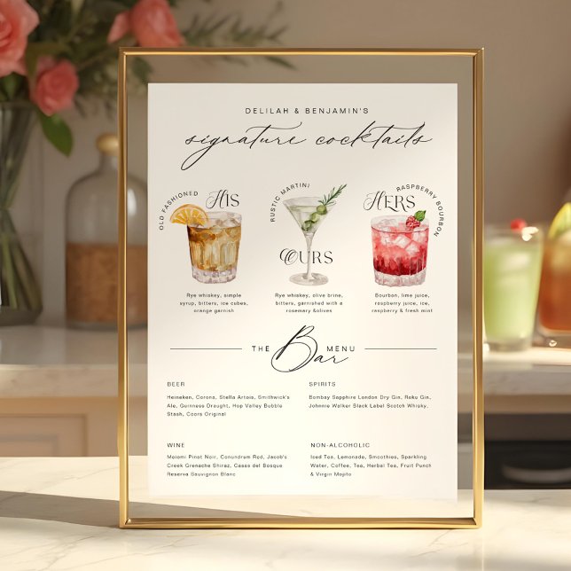 Das Cocktailmenü der Unterschrift "Uurs & Hure Wat Poster (His, Ours & Hers Watercolor Signature Cocktail Menu Poster)