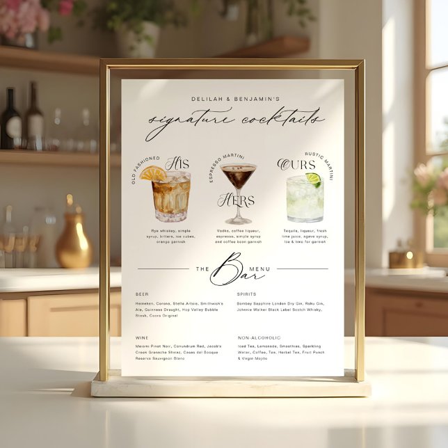 Das Cocktailmenü der Unterschrift "Uurs & Hure Wat Poster (His Ours & Hers Watercolor Signature Cocktail Menu Poster)