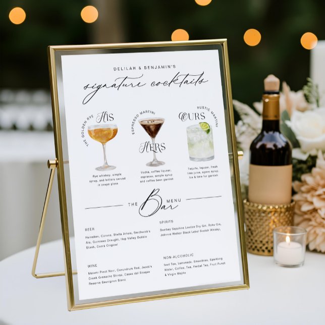Das Cocktailmenü der Unterschrift "Uurs & Hure Wat Poster (His Ours & Hers Watercolor Signature Cocktail Menu Poster)
