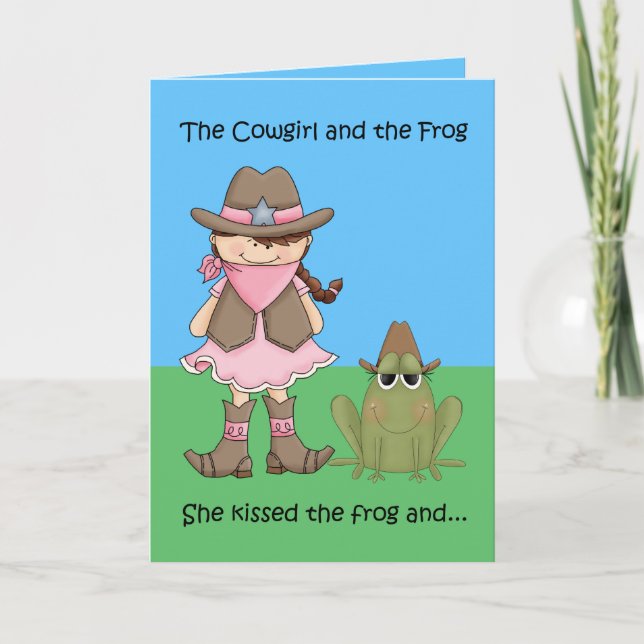 Das Cowgirl und der Frosch - PferdeGeburtskarte Karte (Vorderseite)