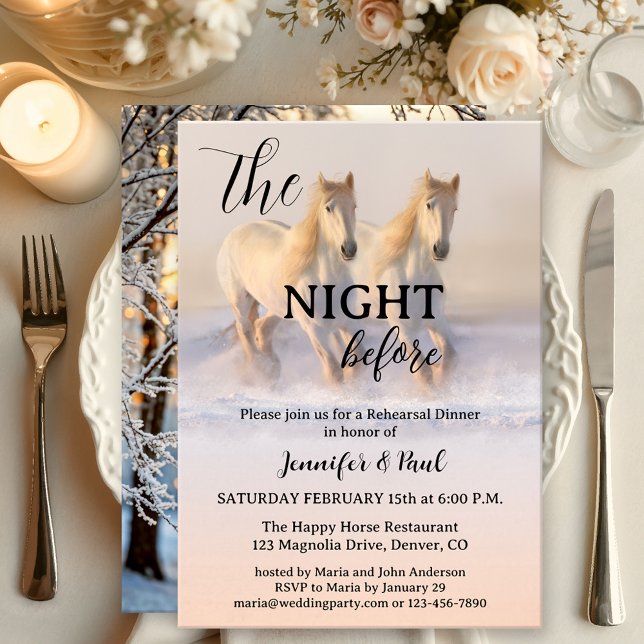 Das Dinner vor dem Winterpferde-Probenabend Einladung (Elegant winter wonderland Rehearsal Dinner invitation featuring two horses running in the snow)
