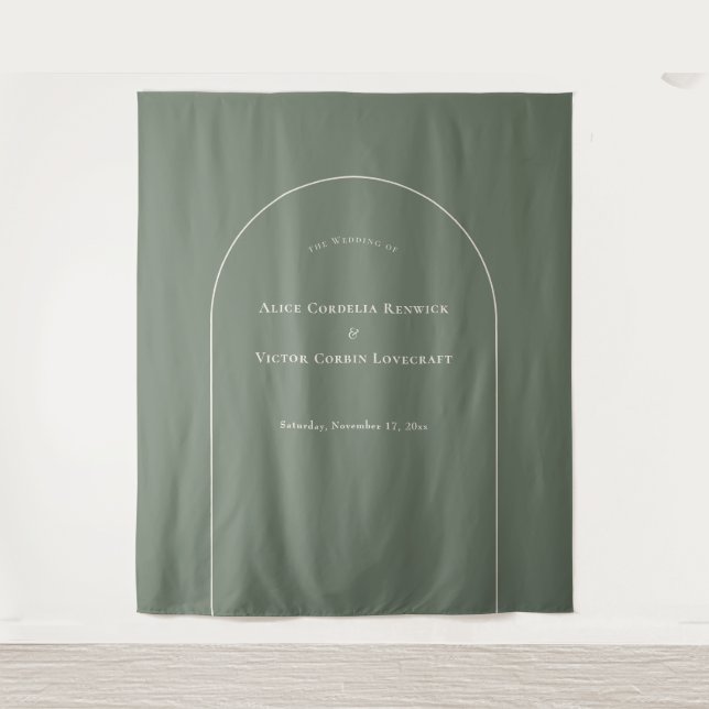 Das einfache Boho Arch Sage Green Wedding Foto im  Wandteppich (Vorderseite)