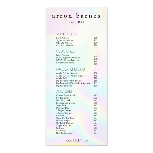 Das einfache Menü "Iridescent Salon Price List Ser (Vorne)