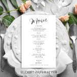 Das einfache Schwarz-Weiß-Hochzeitsmenü Flyer<br><div class="desc">Einfache moderne handgeschriebene Kalligraphie Skript minimalistisch günstigen Preis Hochzeitsmenü Vorlage Papier Flyer. Einfach mit Ihren Daten personalisieren! BITTE LESEN SIE DIES VOR DEM KAUF: Dies ist eine preisgünstige Karte, die auf einem FLYER gedruckt wird (Werbeträger geeignet für gefaltete Mailings). Bitte beachten Sie, dass BUDGET PAPER DÜNN IST - Sie können...</div>