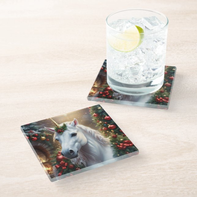 „Das Einhorn des Noel“ Glasuntersetzer (Schrägansicht)