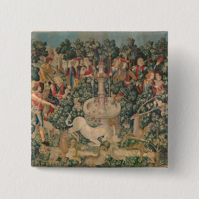 Das Einhorn ist gefunden, mittelalterliche Tapest Button (Vorderseite)