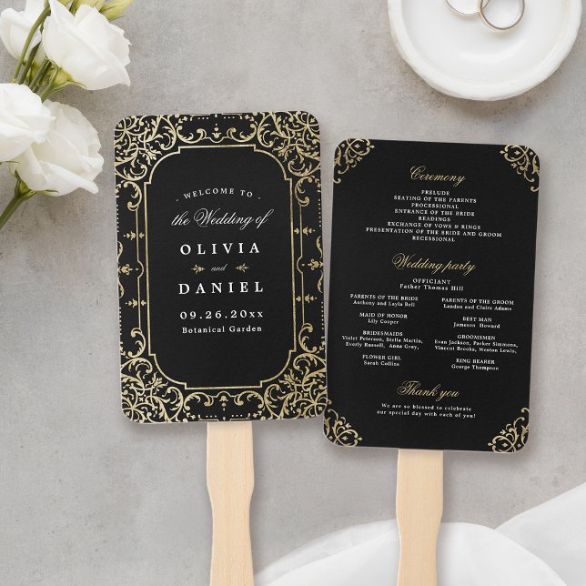 Das elegante Brautprogramm "Black & Gold" Fächer (Black & gold elegant vintage wedding program hand hand fan)