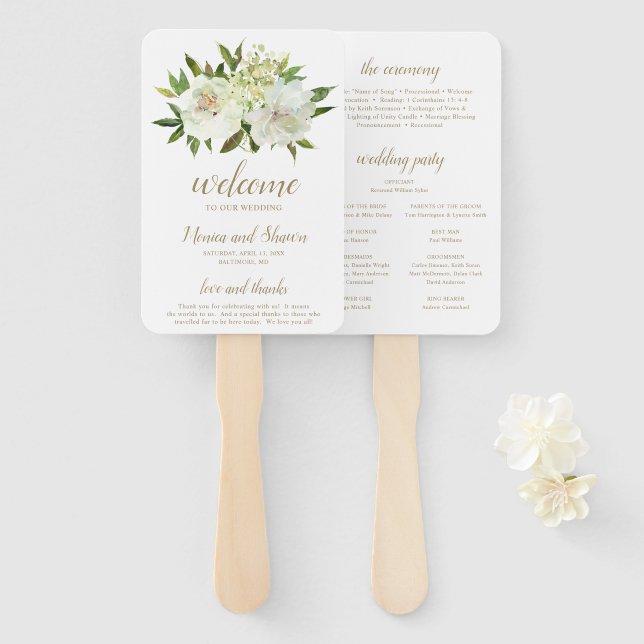 Das elegante Goldmedaille White Floral Modern Wedd Fächer (Vorne und Hinten)