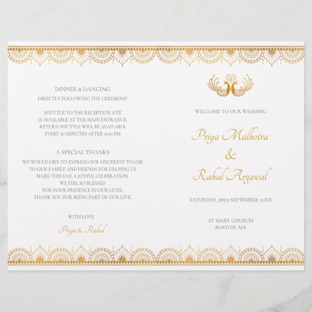 Das elegante indische Hochzeitsprogramm Gold Patte (Vorderseite)