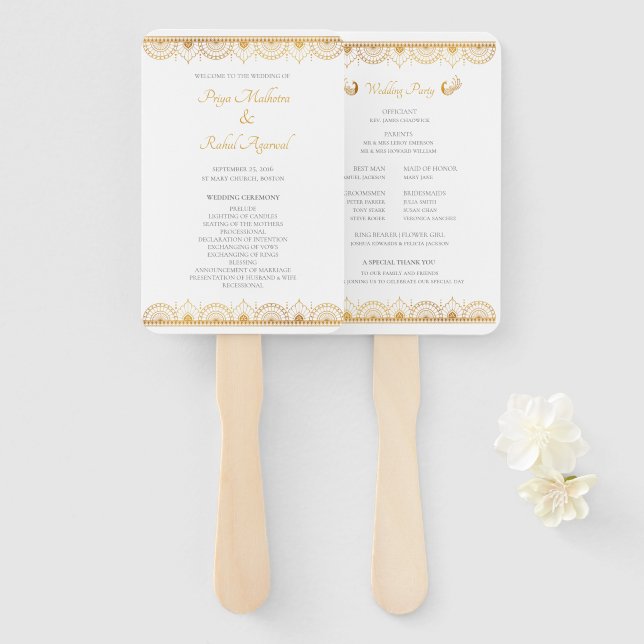 Das elegante indische Hochzeitsprogramm Gold Patte Fächer (Vorne und Hinten)