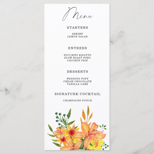 Das elegante, minimalistische Menü im Blumenmuster Menükarte (Vorderseite)