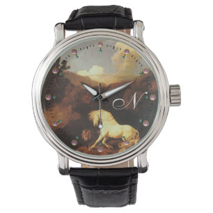 Das erschreckte Weiße Pferd durch eine Löwenmonogr Armbanduhr