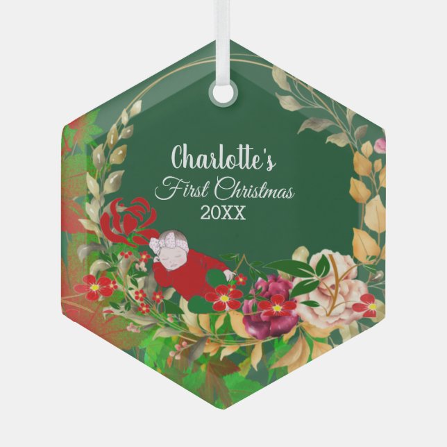 Das erste grüne Blumenkranz des Schlafsäuglings Ornament Aus Glas (Vorderseite)