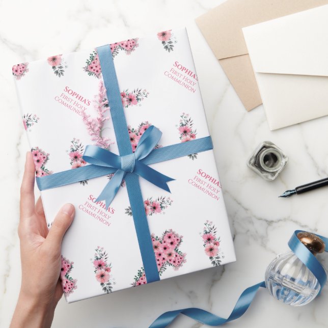 Das erste Heilige Kommunion Girl Chic Pink Blume C Geschenkpapier (Schenken)