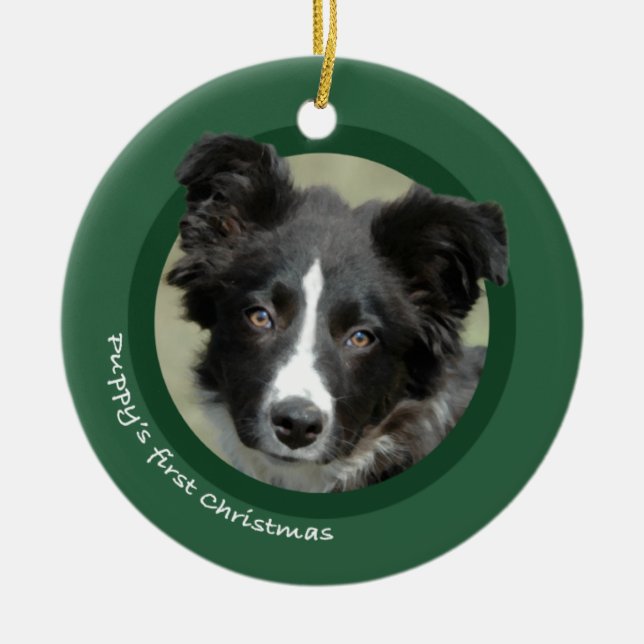 Das erste Weihnachten des Welpen (Border-Collie) Keramik Ornament (Vorne)