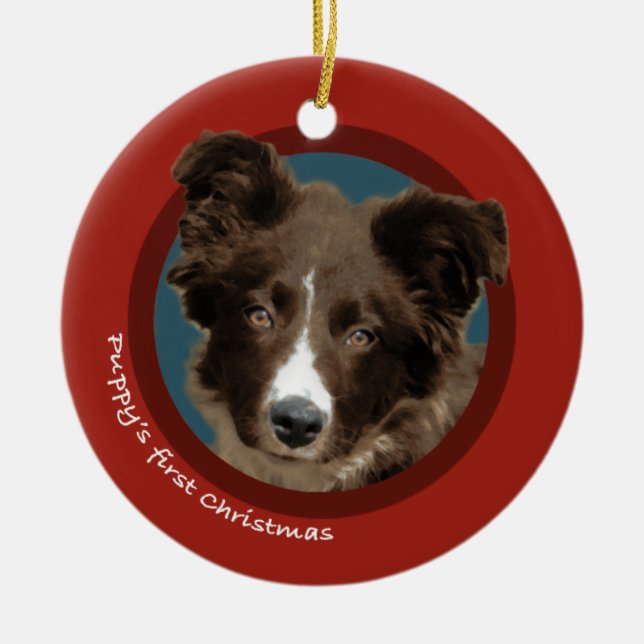 Das erste Weihnachten des Welpen (Border-Collie) Keramik Ornament (Vorne)