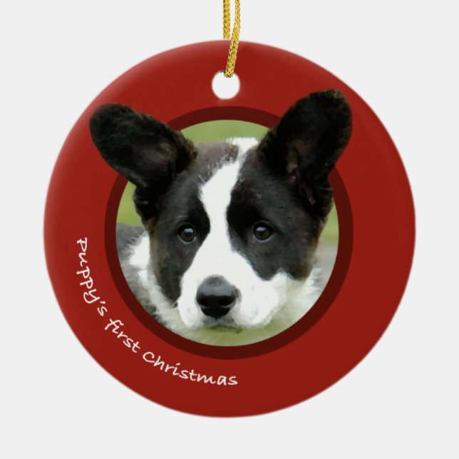 Das erste Weihnachten des Welpen Keramikornament (Vorne)