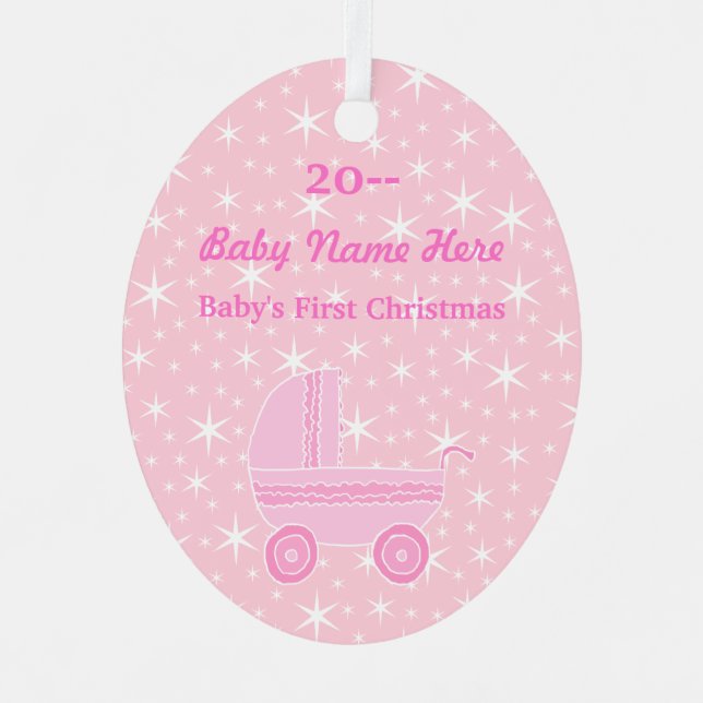Das erste Weihnachtsdesign des Babys in Rosa und W Ornament Aus Metall (Vorderseite)