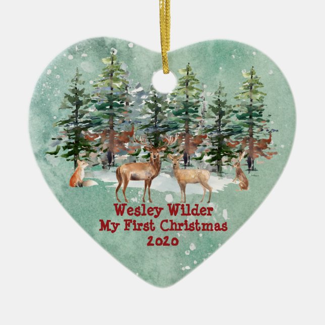 Das erste Weihnachtsfest im Rustikalen Woodland Keramik Ornament (Vorne)