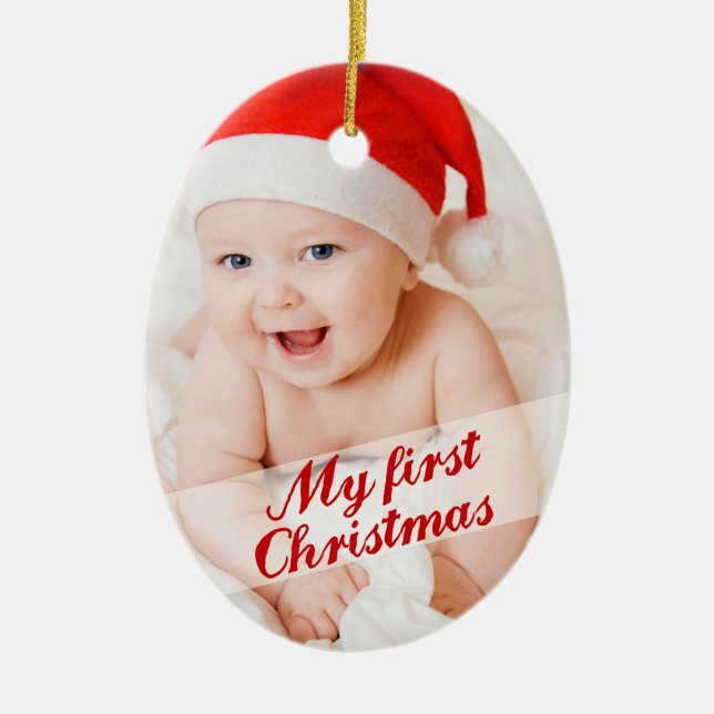 Das erste Weihnachtskursivurlaub-Foto des Babys Keramikornament (Vorne)