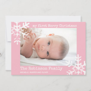 Das erste Weihnachtsrosa Foto des Babys mit Schnee Feiertagskarte