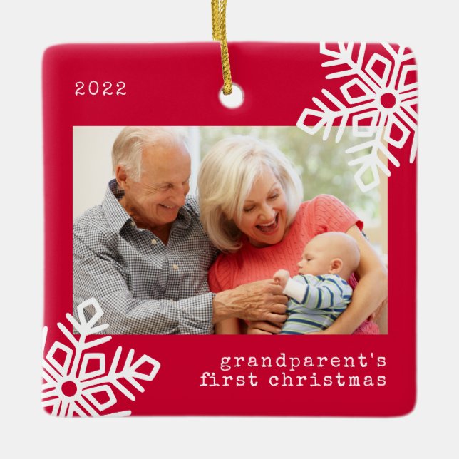 Das erste Weihnachtsrot-Schneeflocke-Foto der Groß Keramikornament (Vorderseite)