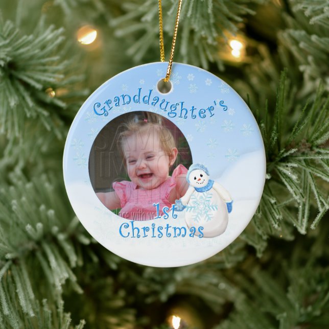 Das erste Weihnachtsschneemann-Round-Foto des Groß Keramikornament (Baum)