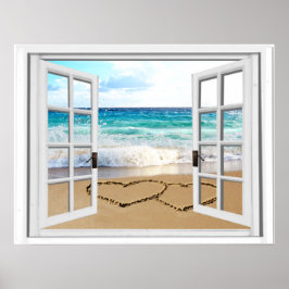 Das Fenster "Herz in Sandstrand" des Imitats Poster