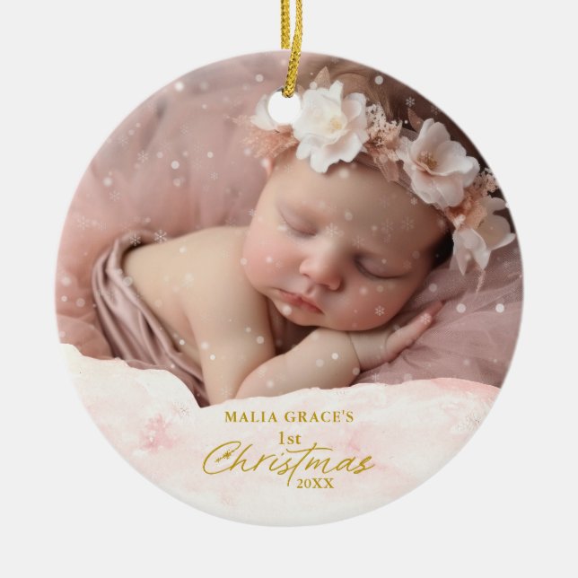 Das festliche Foto des 1. Weihnachtsschneeflocken Keramik Ornament (Vorne)