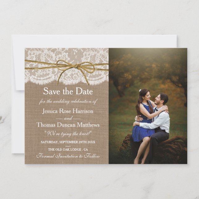 Das Foto der rustikalen Twine Bow Wedding Collecti Save The Date (Vorderseite)