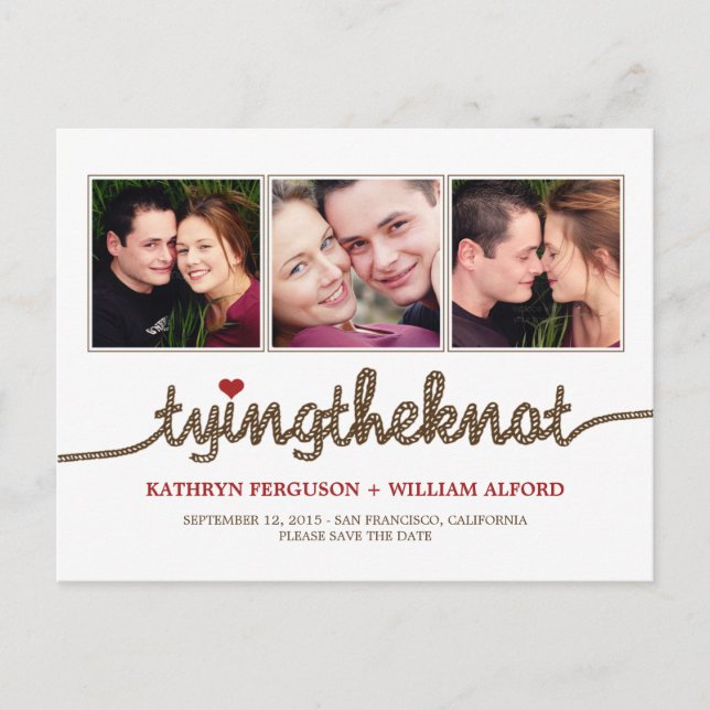 Das Foto des Knotens Save the Date binden Ankündigungspostkarte (Vorderseite)